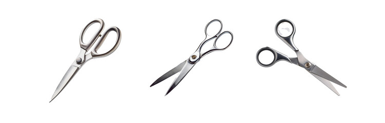 Obraz premium Three pairs of scissors on a white background, arranged in a row.