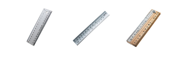 Three rulers, one metal, one wood, and one with a wood body and a metal edge.