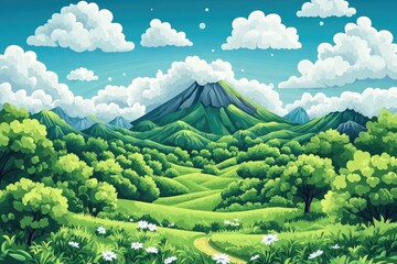 Obraz premium Scenic view of a national park with volcanic landscapes and lush greenery, showcasing nature's beauty and tranquility