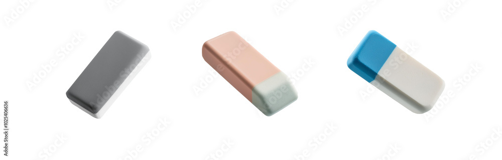 Aufkleber three rectangular erasers of different colors are arranged in a row against a white background.