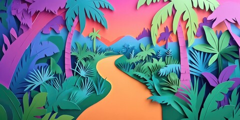 Narrow pathway winding through a lush palm forest, Winding pathway in a vibrant palm forest