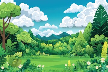 Lush green meadow in a public tropical forest park showcasing a serene nature landscape, Lush green meadow in a tropical forest park with a serene natural landscape