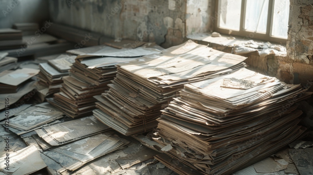 Poster Stacked Papers in an Abandoned Room