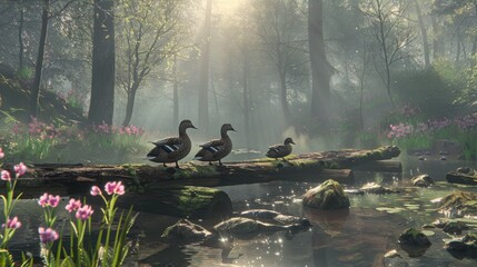 Obraz premium Tranquil Forest Scene with Ducks and Misty Surroundings