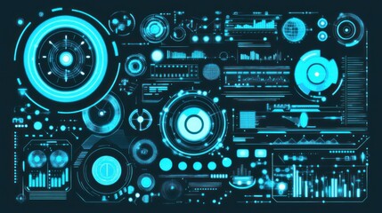 Fototapeta premium Futuristic Blue Digital Interface with Various Data Displays