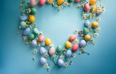 Obraz premium Colorful Easter eggs and delicate white flowers arranged in a heart shape on a blue background.