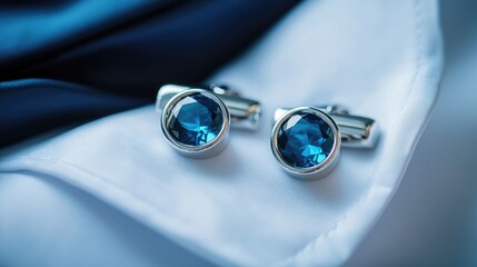 Elegant Blue Cufflinks on Stylish Fabric Background