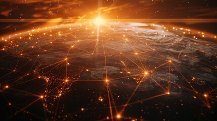 Obraz premium Global Network Connection Over Earth at Sunrise