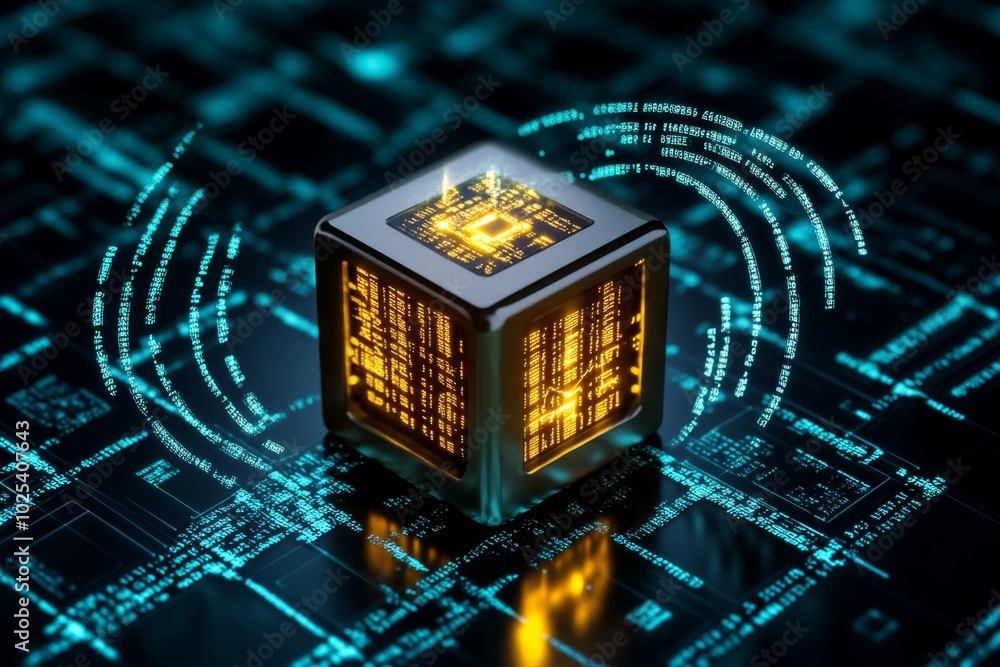 Aufkleber Hackerâ€™s attack is visualized in a 3D-rendered digital space, where a glowing cube represents a data server under siege, surrounded by swirling lines of code