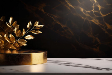 Mockup product photo marble table and dark studio Gold backdrops, gold backdrop, dark mate background