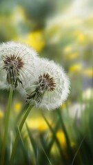 Soft dandelions flower, extreme closeup, abstract spring nature background