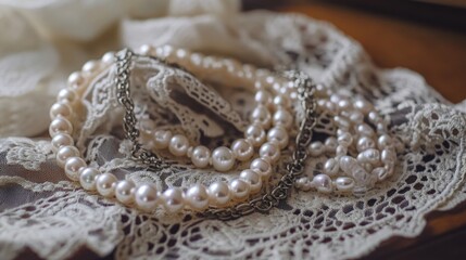 Obraz premium Elegant Pearl Necklace on Vintage Lace Background
