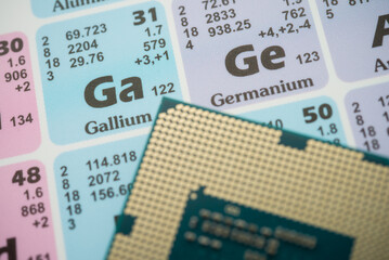 Ge (Germanium) Ga (Gallium) in the periodic table with CPU processor. US vs China chip war or tech...