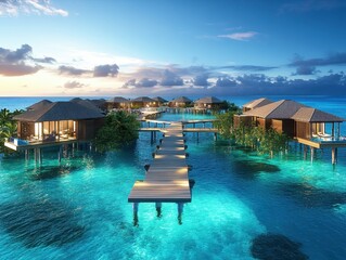 Fototapeta premium Tropical Overwater Bungalows with Wooden Walkways