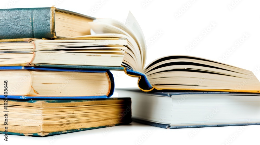Poster a stack of books with one open book on top