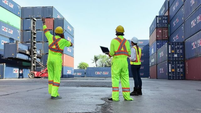 Person people human labor employee staff manager white yellow hardhat uniform safety moving cheerful talkie walkie forklift container logistic warehouse cargo import export order factory shipping box 
