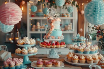 Fototapeta premium Birthday Party Dessert Table with Cupcakes and Cake