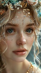 Close-Up Portrait of a Woman with Floral Crown and Glitter Makeup