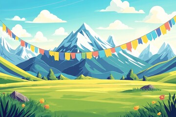 Colorful mantra flags fluttering in the wind at a high-altitude mountain base camp, Vibrant prayer flags waving in the breeze at a mountain base camp