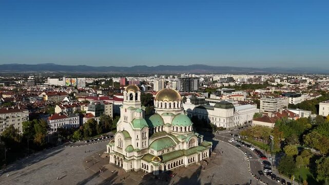 Alexander Nevsky Cathedral in Sofia, Bulgaria, in the center of the capital, aerial view. Orthodox c