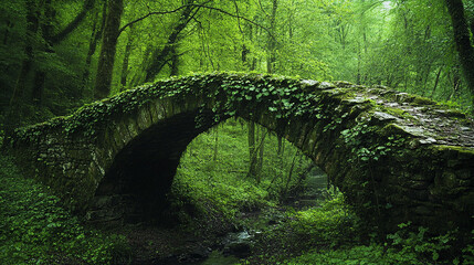 Weathered stone bridge overgrown with ivy in forest