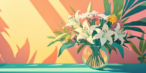 Fresh flower bouquet featuring white lilies, eustoma, and aster arranged in a glass vase illuminated by sunlight