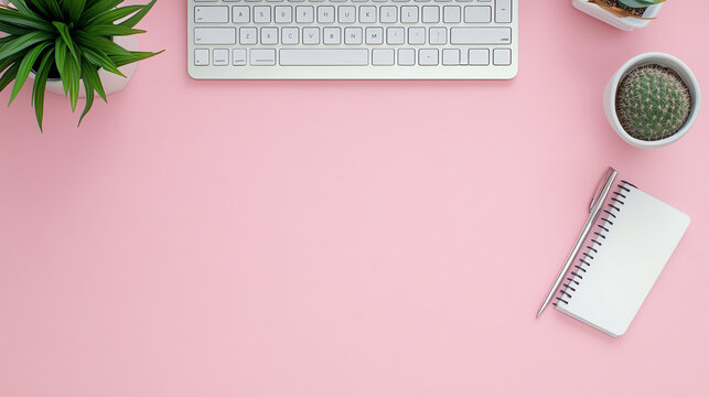 Minimalistic work desk setup featuring a keyboard, notebook, and potted plants on a pink background for a fresh and modern vibe.