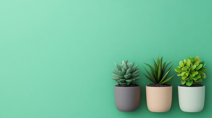 Fototapeta premium Three stylish pots with various succulent plants against a soft mint green background, perfect for modern decor and indoor gardening enthusiasts.