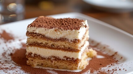 Sumptuous Tiramisu Slice with Espresso Layers and Cocoa Dusting