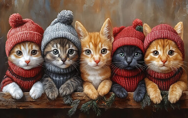 Fototapeta premium Adorable Pets: Watercolor Animals in Christmas Hats & Ugly Sweaters