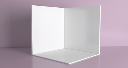 3D exhibition booth. Showroom. Square corner. Empty geometric square. Blank box template. White blank exhibition stand. Presentation event room.
