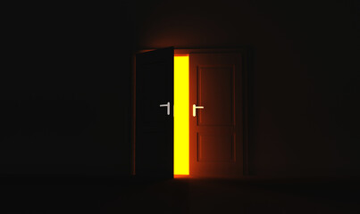Open the door. Symbol of new career, opportunities, business ventures and initiative. Business concept. 3d render, yellow light inside open door isolated on black background. Modern minimal concept.