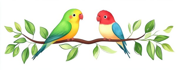 Lovebirds flat design side view, cute theme, cartoon drawing, pastel colors