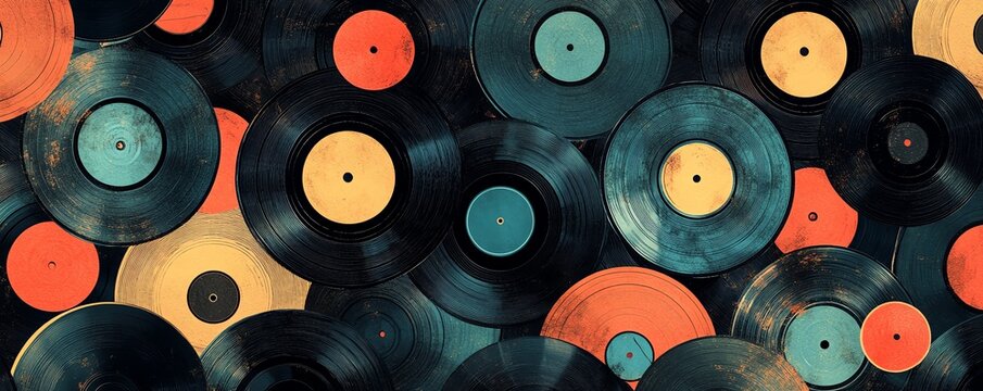 Intricate seamless pattern of vintage vinyl records, blending classic designs and warm colors to evoke the timeless appeal of analog music