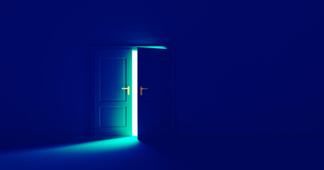 Open the door. Symbol of new career, opportunities, business ventures and initiative. Business concept. 3d render, white light inside open door isolated on blue background. Modern minimal concept.
