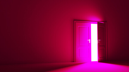 Open the door. Symbol of new career, opportunities, business ventures and initiative. Business concept. White light inside open door isolated on red background. Modern minimal concept.