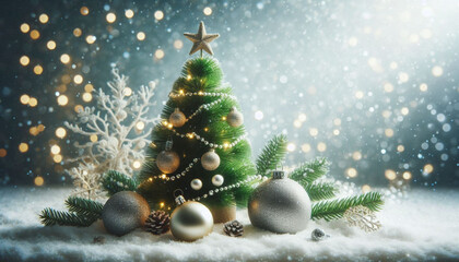 Fototapeta premium Winter Evergreen Christmas tree with snow and decorations