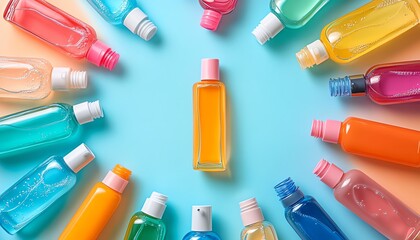 Seamless circle design of colorful summer skincare plastic bottles and tubes, creating an inviting layout with ample empty copy space in the center for customization