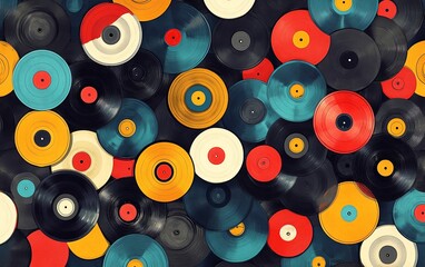 Seamless design of retro vinyl records in a playful layout, capturing the spirit of the golden age of music with a colorful and lively aesthetic