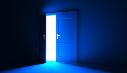Open the door. Symbol of new career, opportunities, business ventures and initiative. Business concept. 3d render, white light inside open door isolated on blue background. Modern minimal concept.