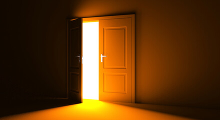 Open the door. Symbol of new career, opportunities, business ventures and initiative. Business concept. 3d render, white light inside open door isolated on orange background. Modern minimal concept.