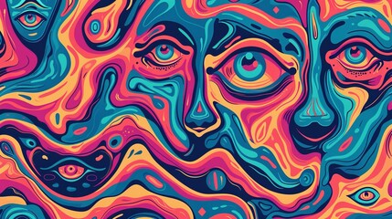 Obraz premium Vibrant Retro Face Doodles – 1970s Style Dreamscape Pop Art
