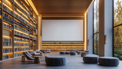Modern public library featuring blank white wall sections for digital displays, cozy reading corners, geometric bookshelves, and LED lighting, 3D rendering