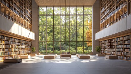 Spacious public library interior featuring contemporary style, blank wall area for posters or murals, large windows, and wellorganized book stacks, 3D rendering