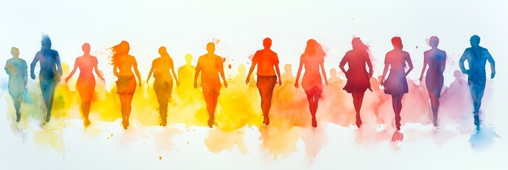 A group of diverse people of varying ages and body types, moving together towards a shared goal