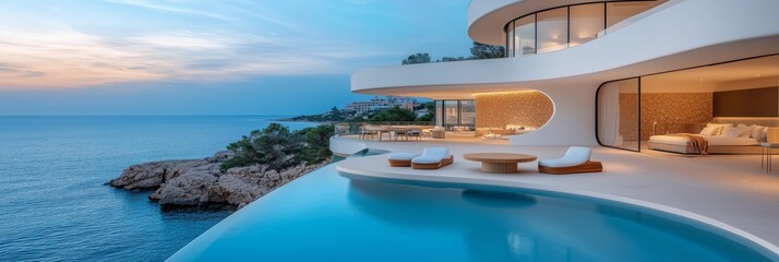 Fototapeta premium A large, white modern mansion with circular shapes and terraces overlooking the sea