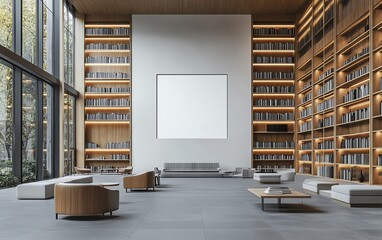 Modern public library interior with minimalist design, blank white wall template for art display, wooden bookshelves, and sleek furniture, 3D rendering