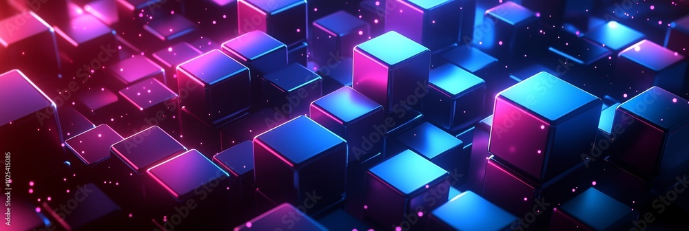 Poster abstract futuristic background with cubes in space, glowing and sparkling elements
