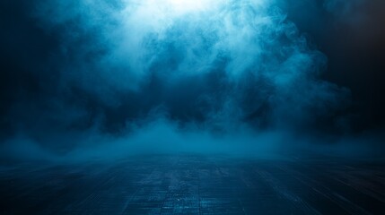 Abstract background of blue color with dark gradient, smoky and smoke on the floor