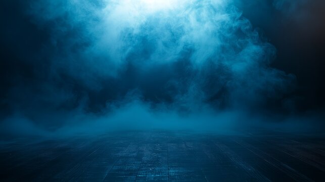 Abstract background of blue color with dark gradient, smoky and smoke on the floor